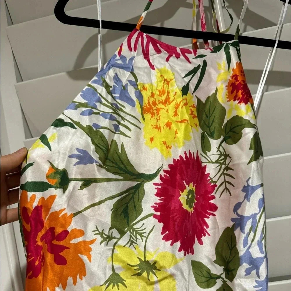 REFORMATION NWT Jennis Floral Silk Halter Mini Dress Low Back String Tie M - Picture 15 of 15